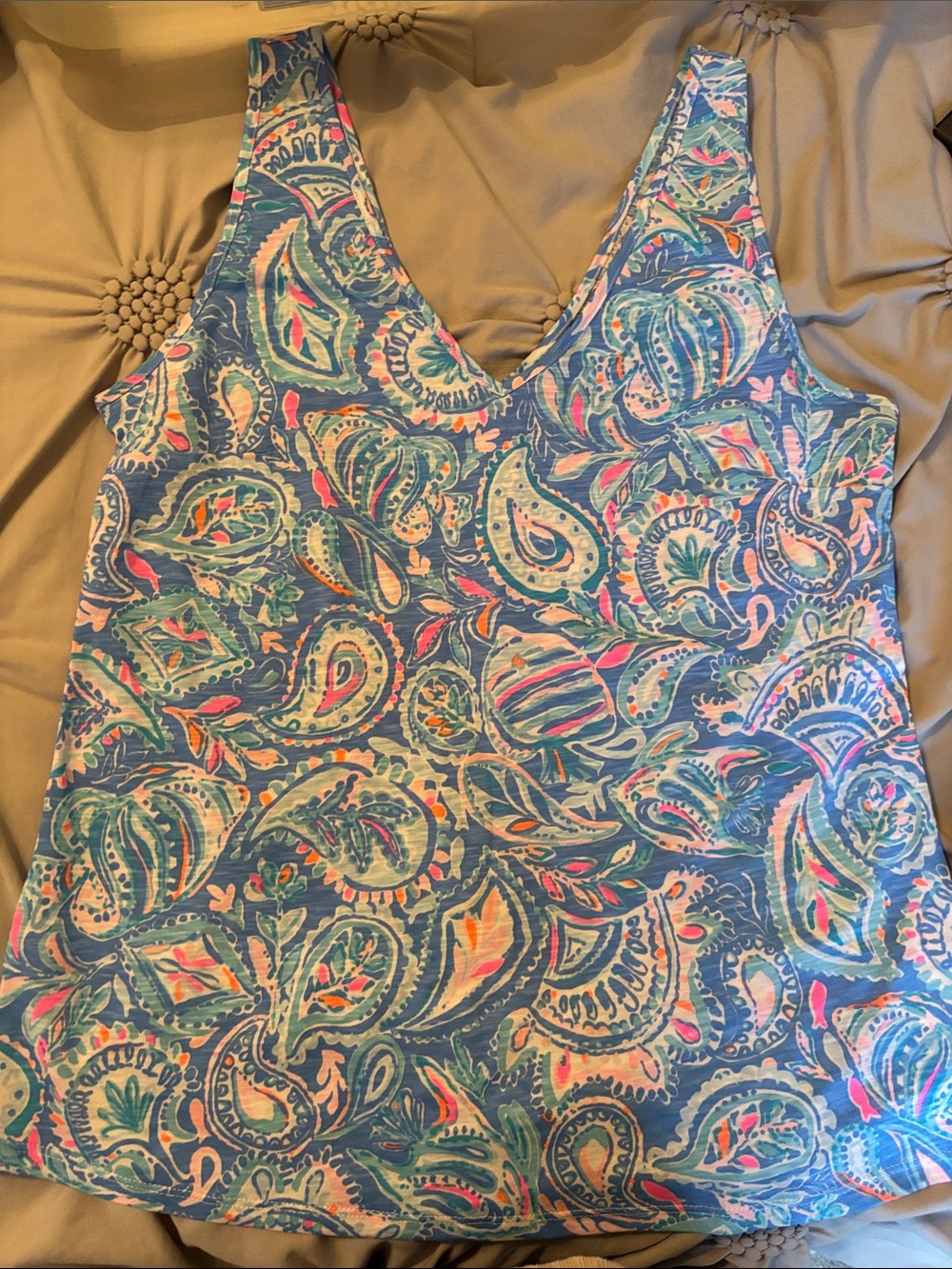 Lilly Pulitzer Blue Paisley V-Neck Tank with Pink & Green Accents